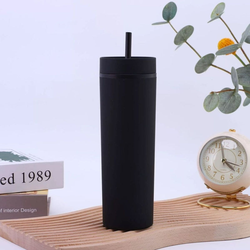 Matte Skinny Portable Tumbler With Lid & Straw Reusable Travel Rubber Mug Blue